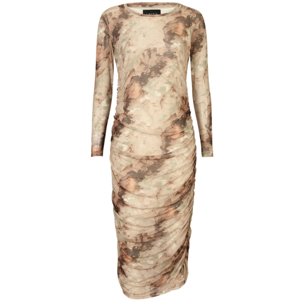 LIBERTÃ DAME KJOLE MESH LS LONG DRESS - BROWN GOLD MARBLE